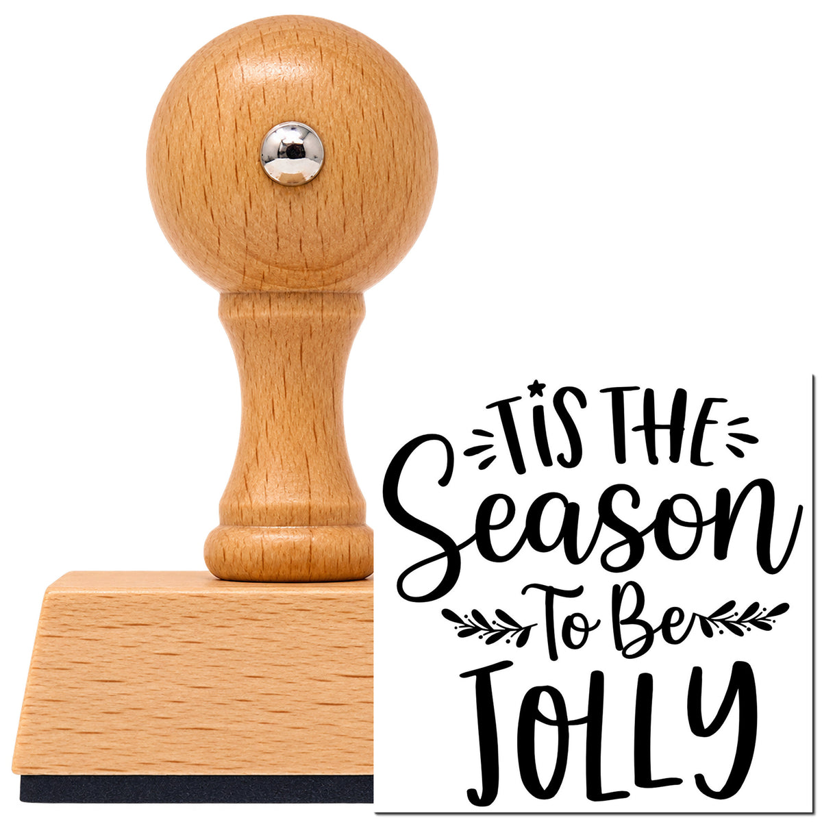 Vintage Pro beech wood stamp with a round knob handle, shown with its black Tis Season To Be Jolly Sprigs Leaf Accents imprint on white.