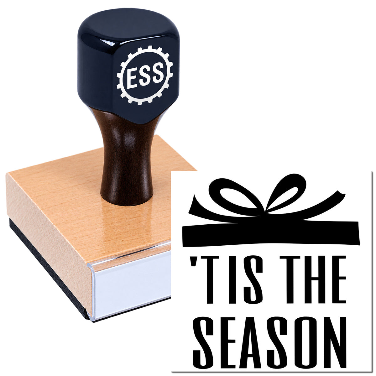 Navy ESS rubber stamp seal on a wooden block beside black "Tis the Season" gift graphic.