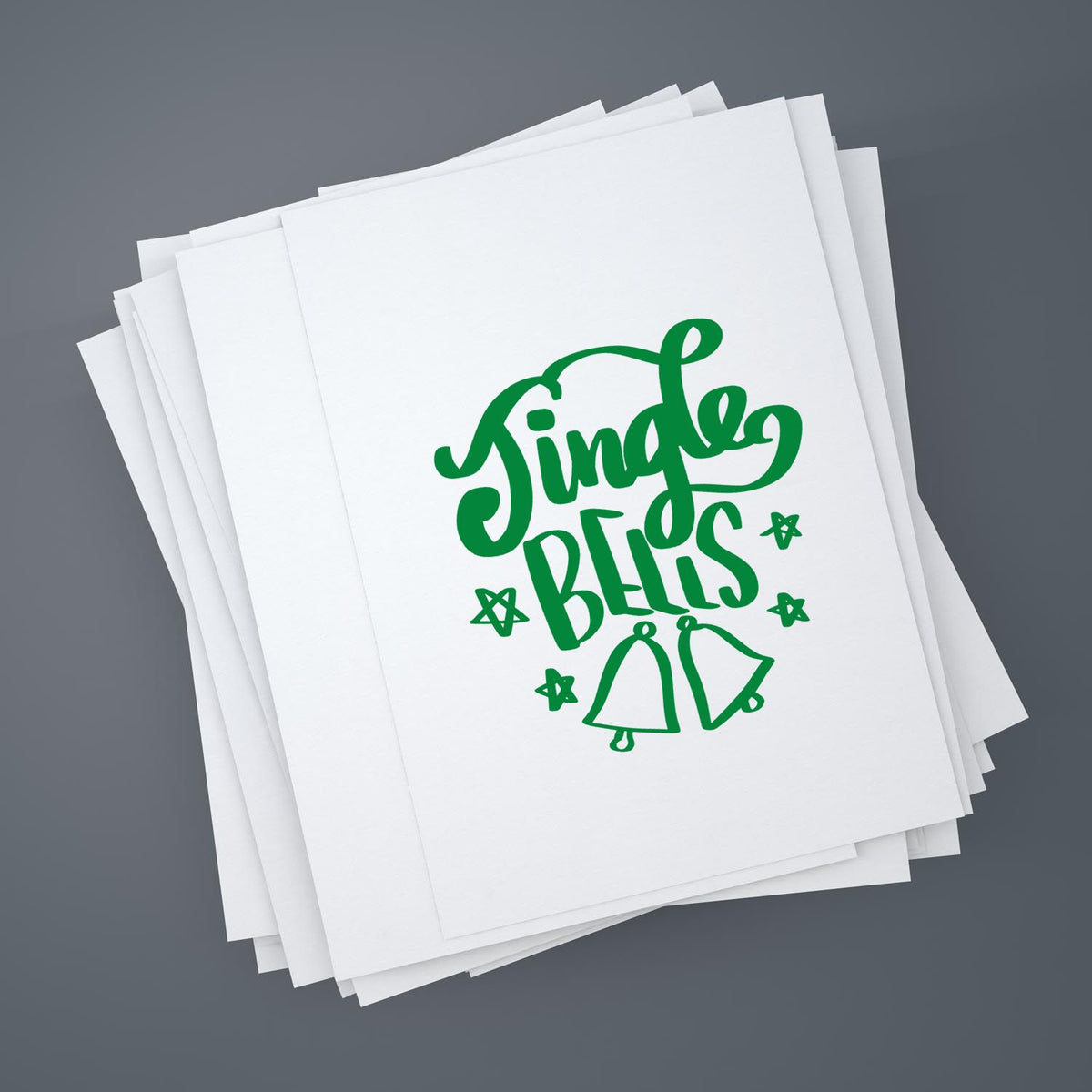 Stack of white stamp and seal cards with a green Single Beris design, stars, and bells on a gray background.