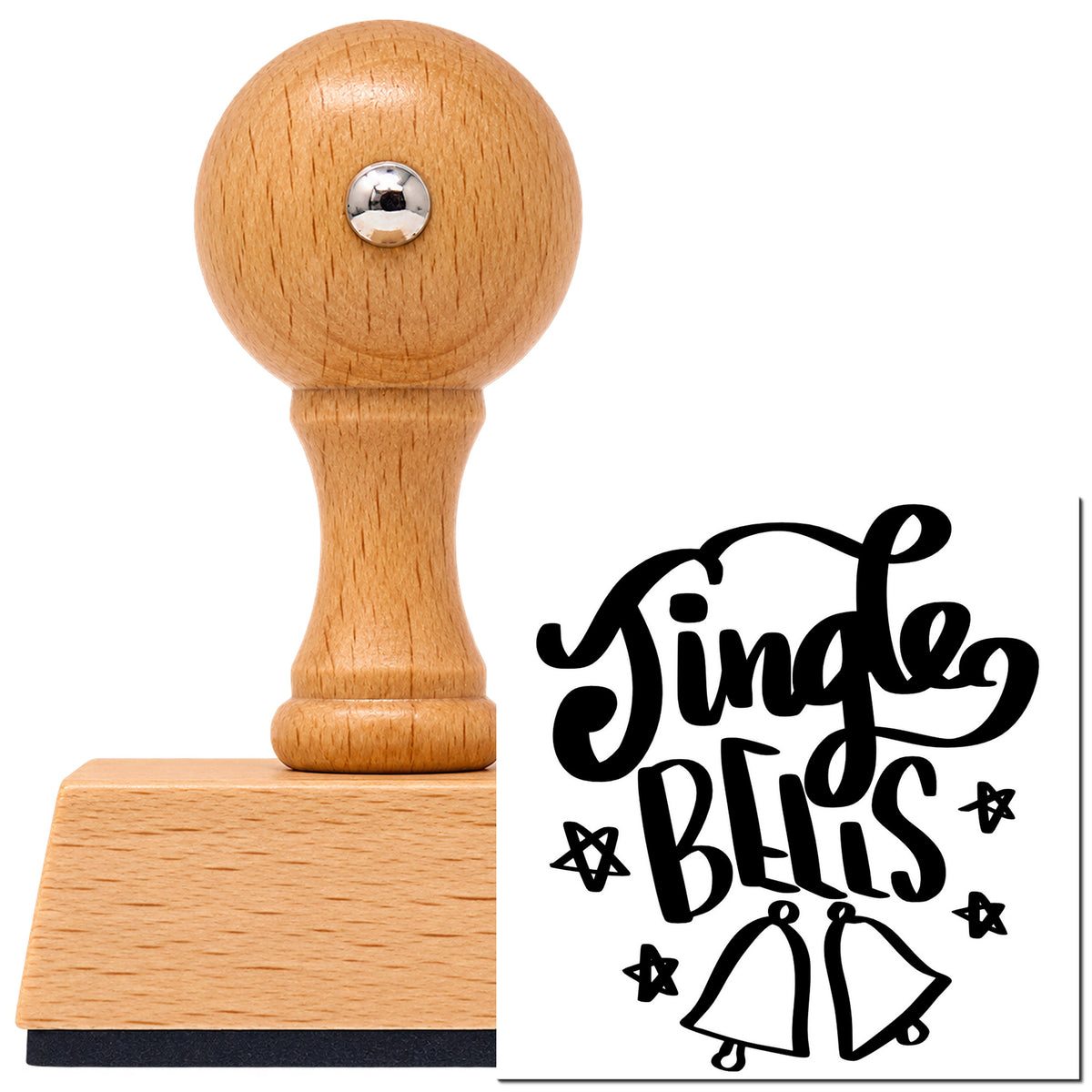 Vintage Pro beech wood stamp with a round knob handle, shown with its black Jingle Bells imprint on white.