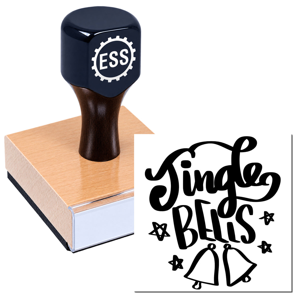 Dark navy ESS rubber stamp on wooden base beside black decorative seal lettering