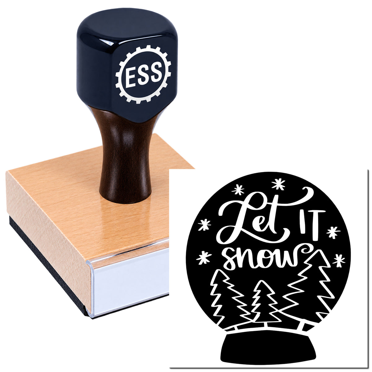 Dark blue ESS rubber stamp on a wood block beside a black-and-white "Let it snow" seal design.