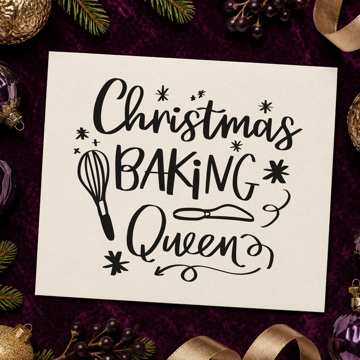 Christmas Baking Queen rubber stamp printed in black ink, ready for baking queen cards and similar paper crafts.