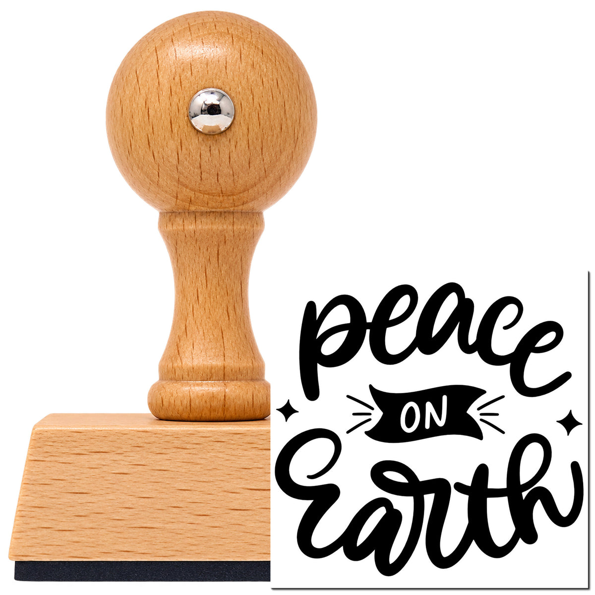 Vintage Pro beech wood stamp with a round knob handle, shown with its black Peace On Earth imprint on white.
