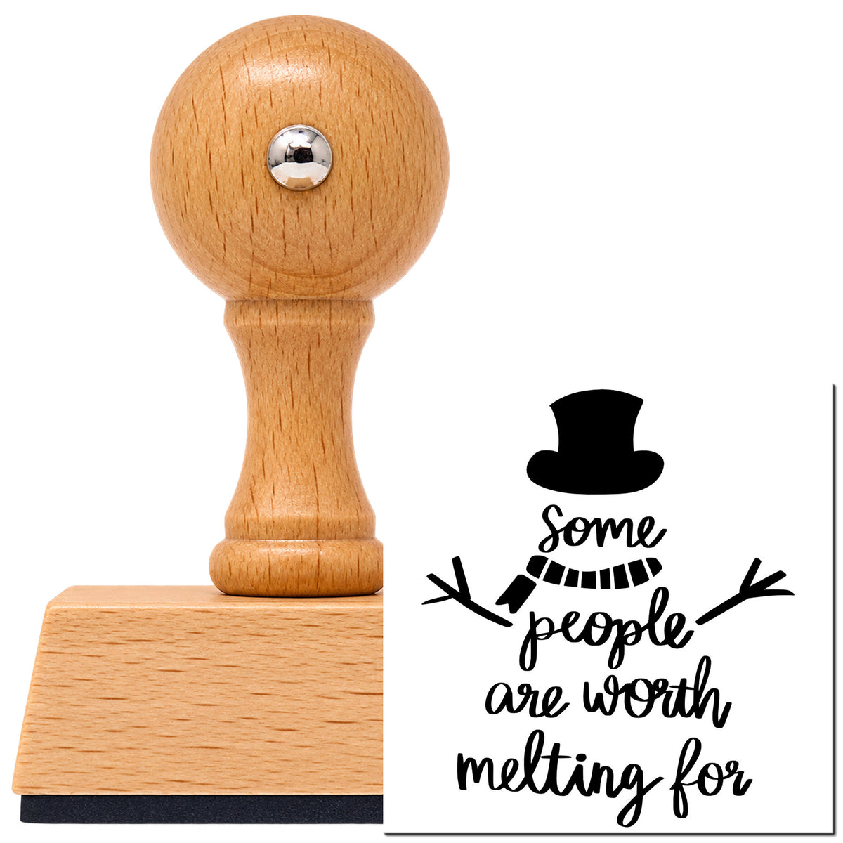 Vintage Pro beech wood stamp with a round knob handle, shown with its black Worth Melting For Snowman imprint on white.