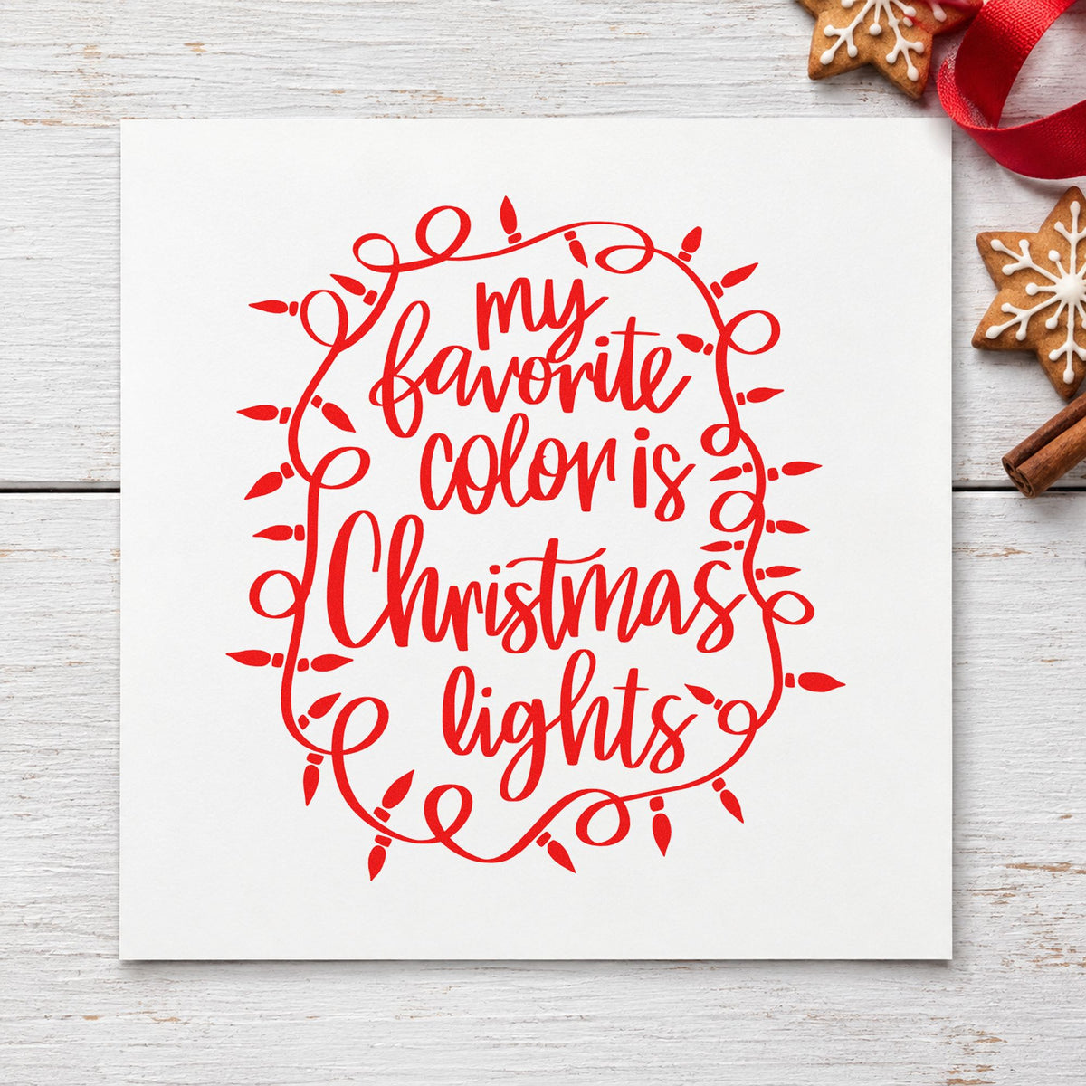 Favorite Color Christmas Lights craft stamp in red ink on cardstock, an easy option for denim jacket ink.