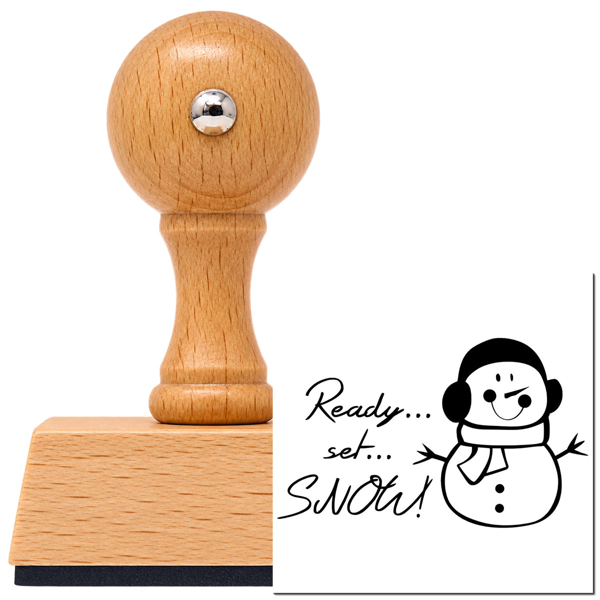 Vintage Pro beech wood stamp with a round knob handle, shown with its black Snowman Ready Set Snow imprint on white.