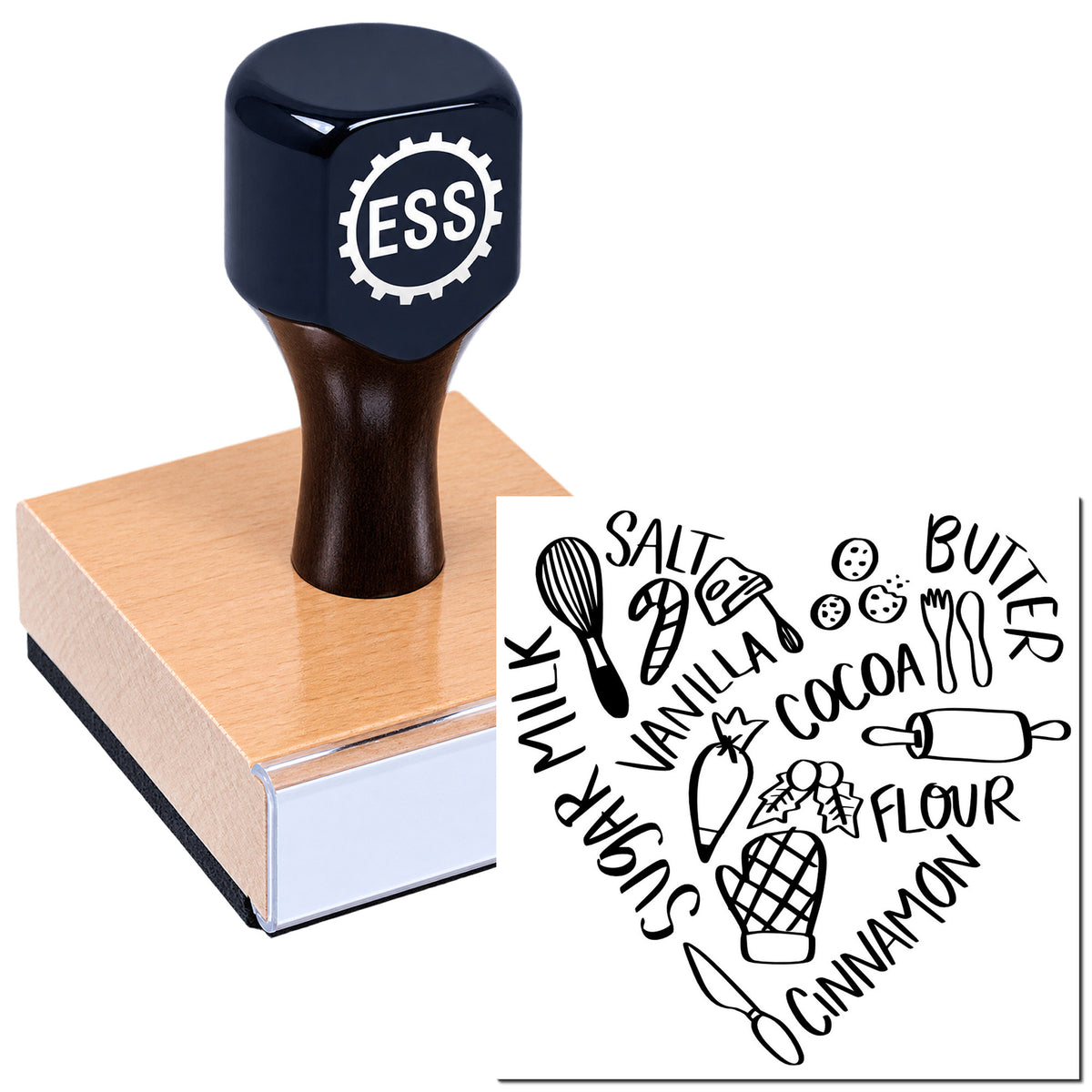Custom ESS rubber stamp and seal on wooden block, with black food-themed word cloud and kitchen icons.