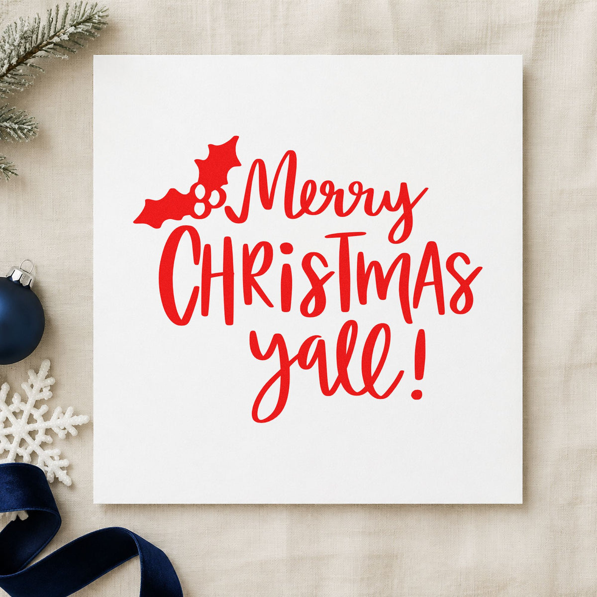 Merry Christmas Yall Holly craft stamp in red ink on cardstock, an easy option for apron hem printing.