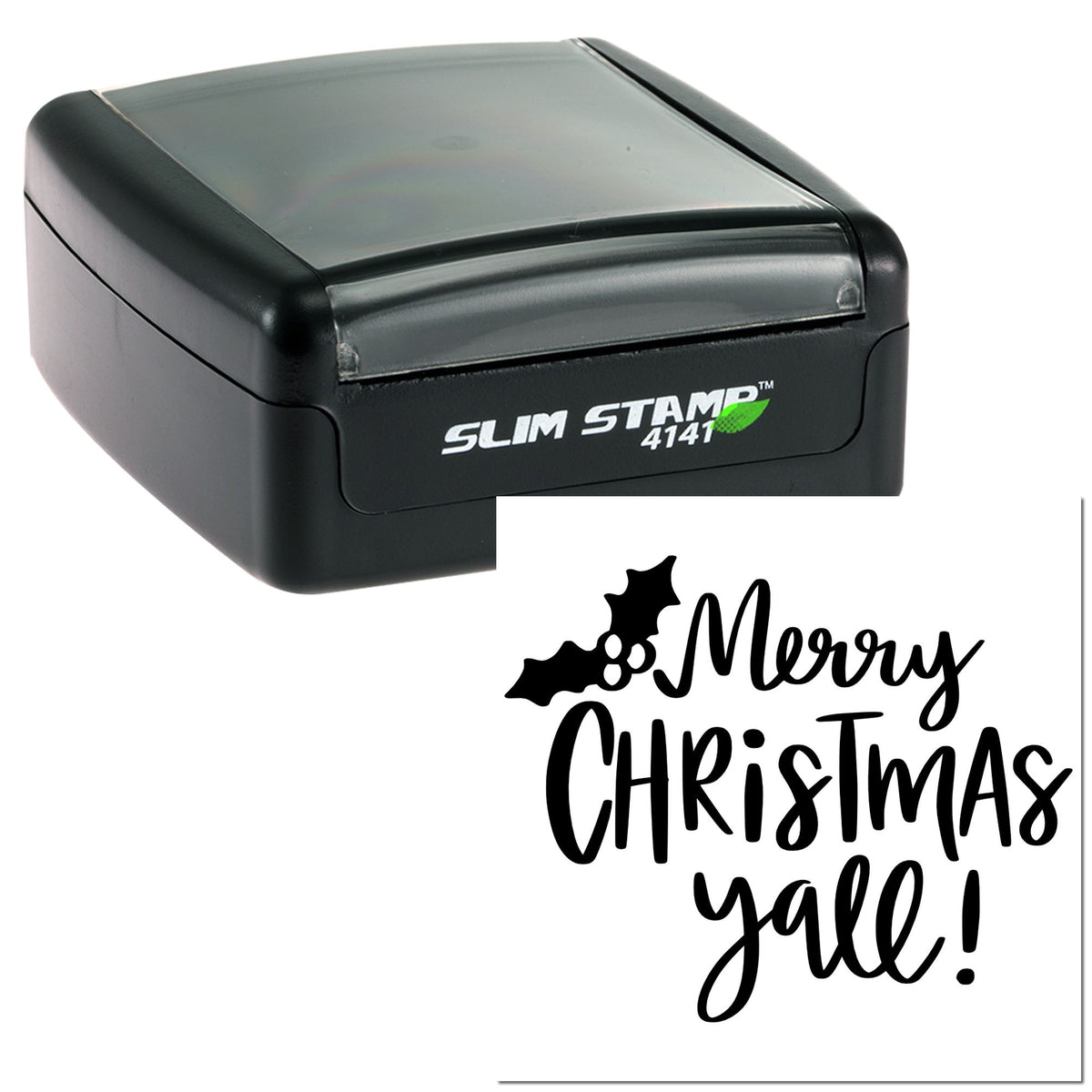 Black self-inking Slim Stamp 4141 with translucent gray lid and Merry Christmas Y'all seal design.