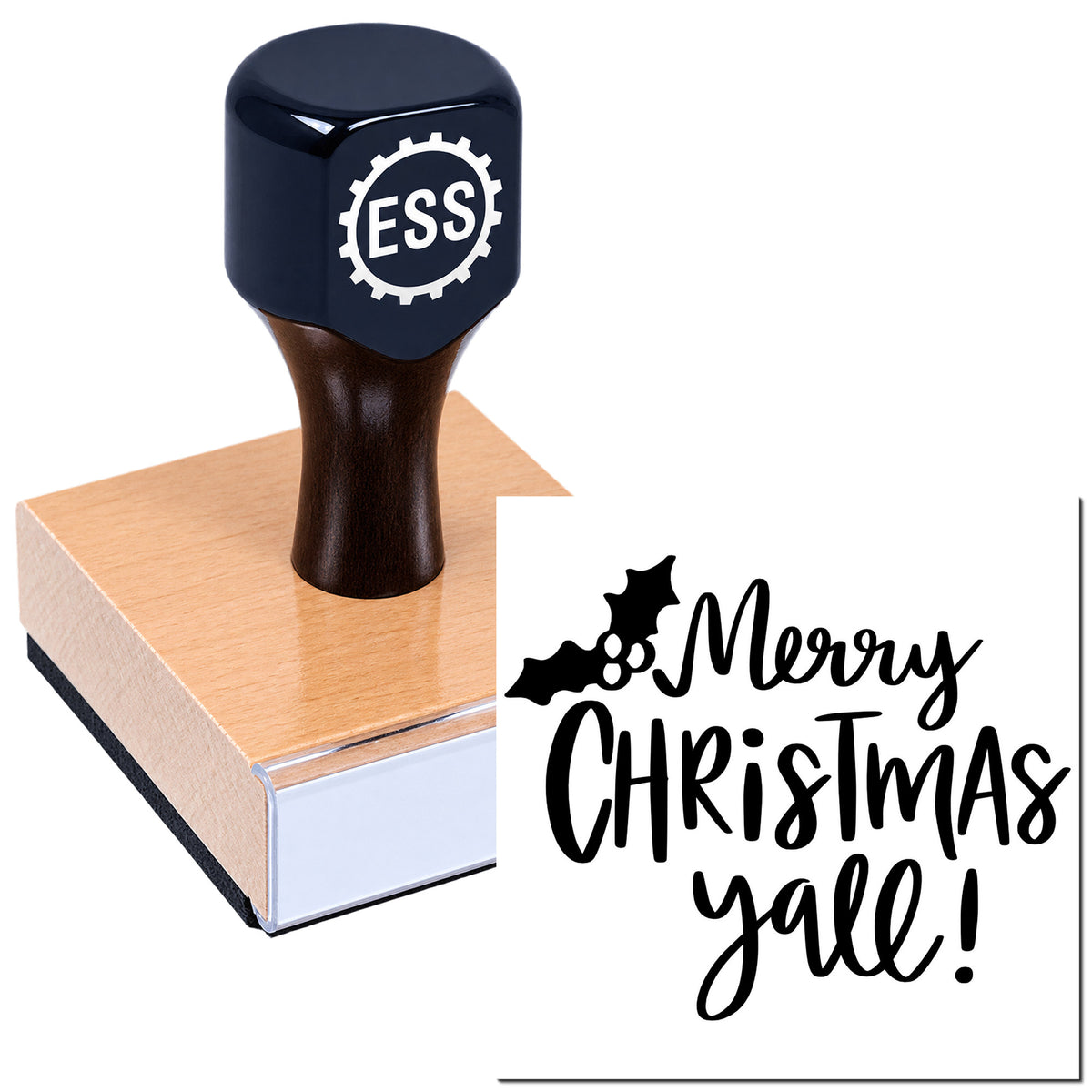 Navy ESS stamp and seal block on copper base with black Merry Christmas y'all! script and holly accents