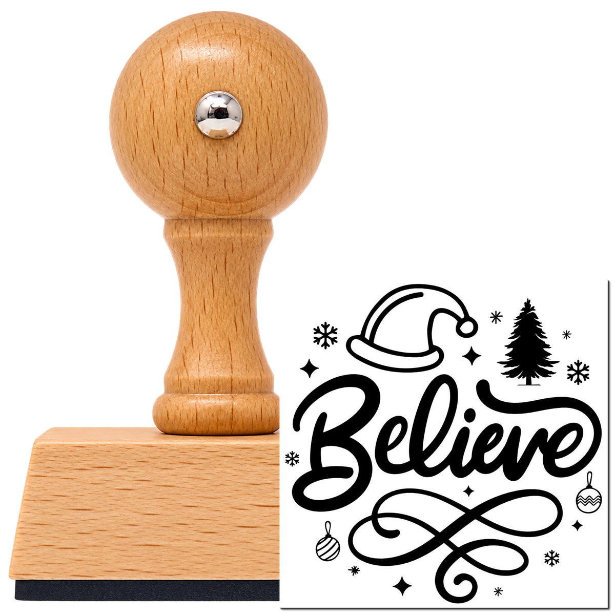 Vintage Pro beech wood stamp with a round knob handle, shown with its black Believe Christmas Hat Tree imprint on white.