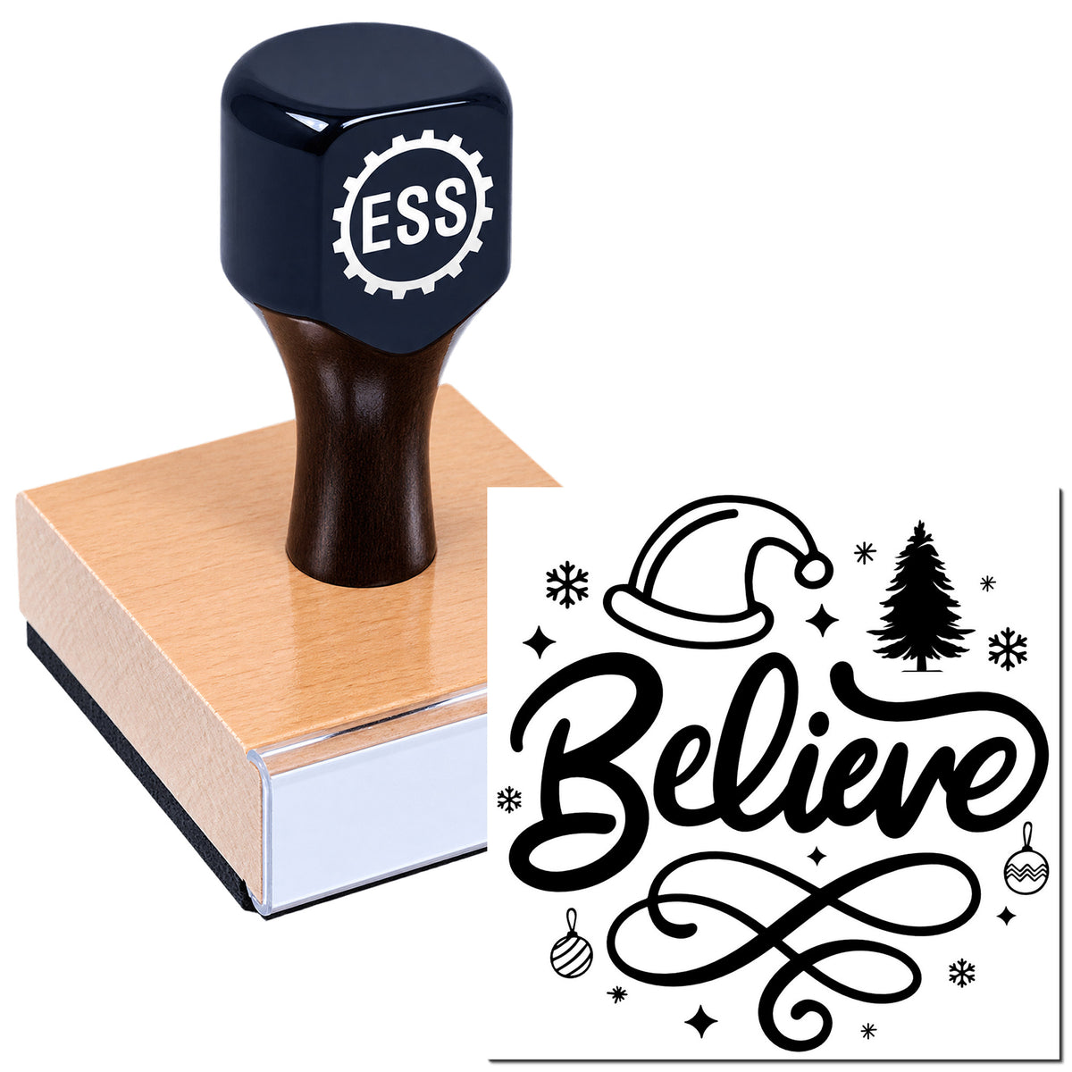 Dark blue ESS stamp on a wood block with a holiday seal design: Believe, Santa hat, tree, ornaments, and snowflakes.