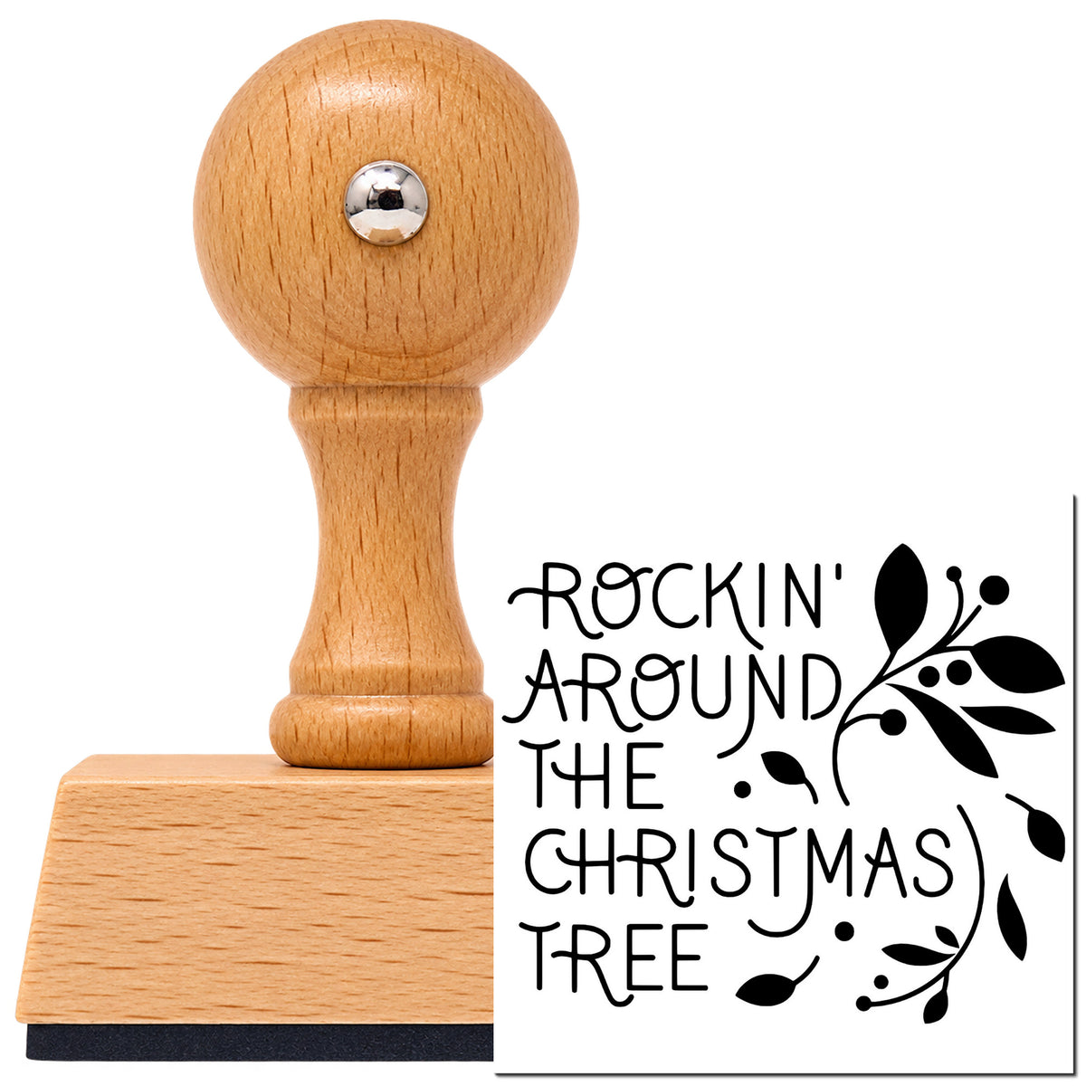 Vintage Pro beech wood stamp with a round knob handle, shown with its black Rockin Around Christmas Tree imprint on white.