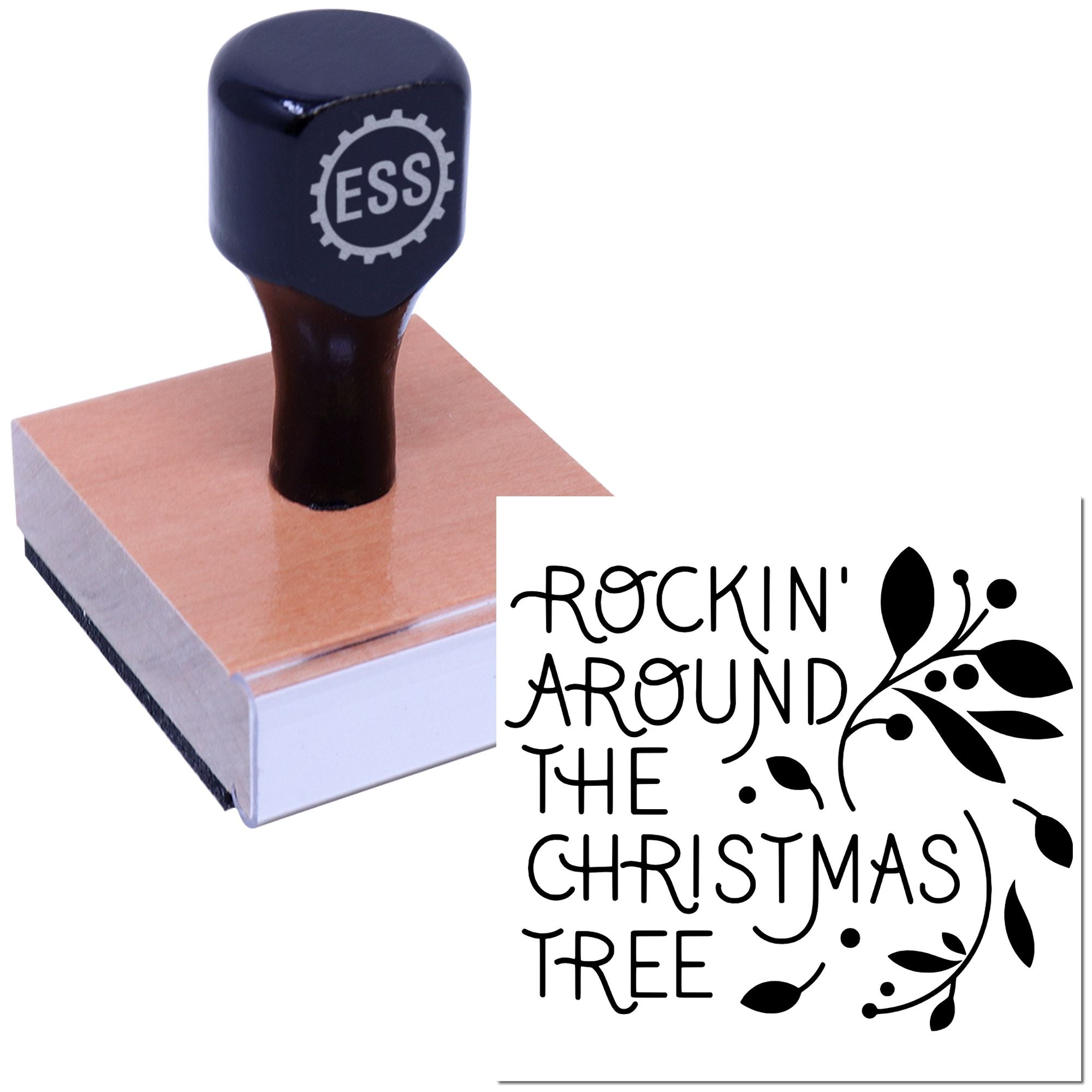 Black ESS rubber stamp on a wooden block with Rockin Around the Christmas Tree floral design in black and white.