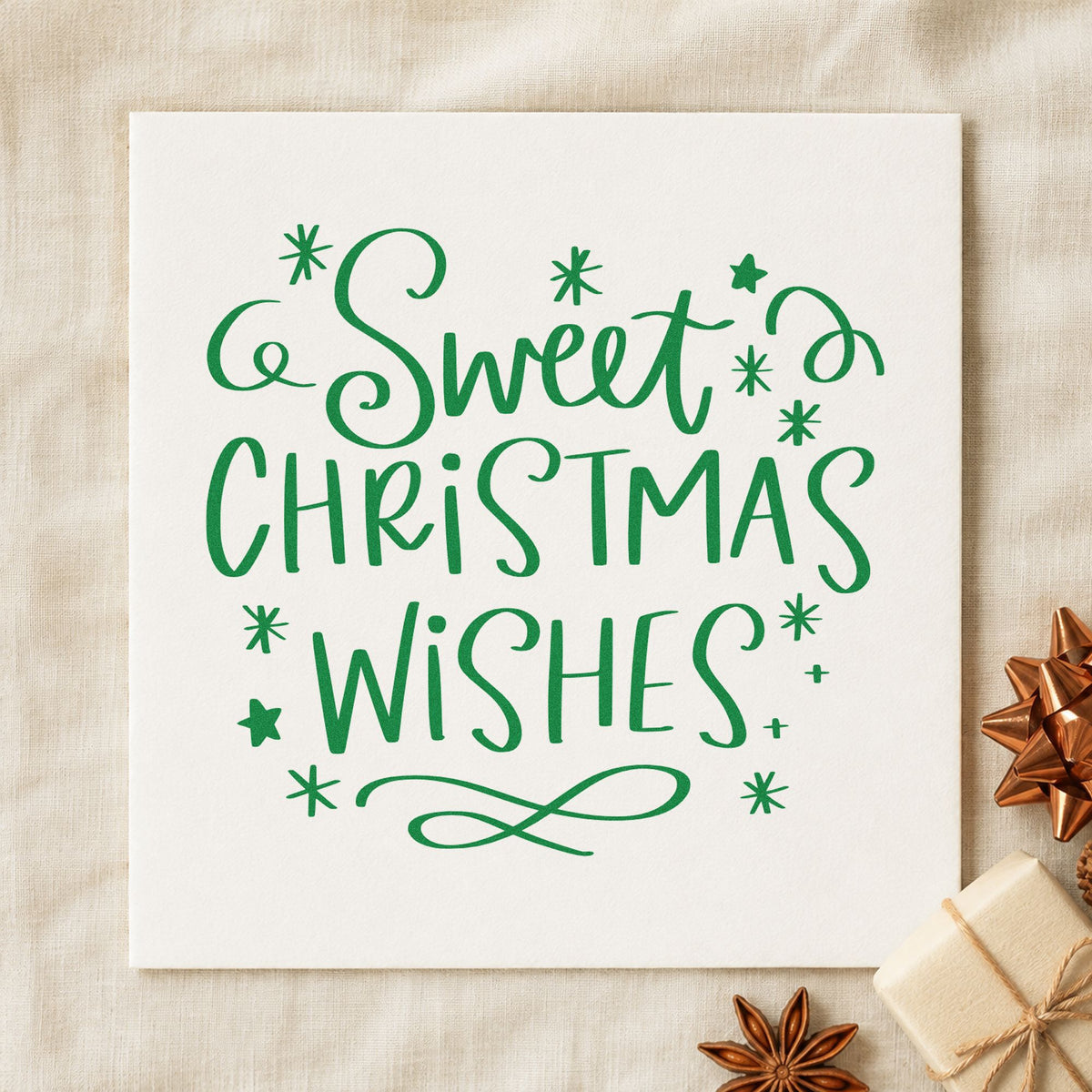 Sweet Christmas Wishes craft stamp imprint in green ink on a handmade project, one idea being truffle box tags.