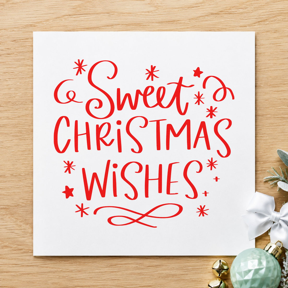 Sweet Christmas Wishes craft stamp in red ink on cardstock, an easy option for tulle bag printing.
