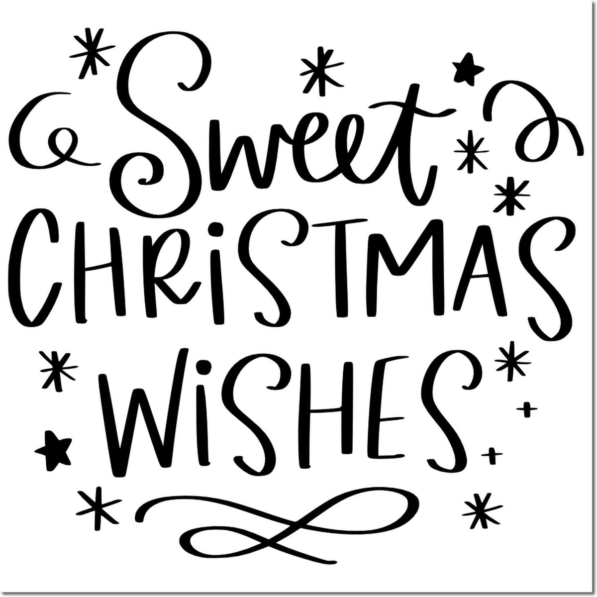 Black Sweet Christmas Wishes stamp and seal design with whimsical stars and flourish on white background.