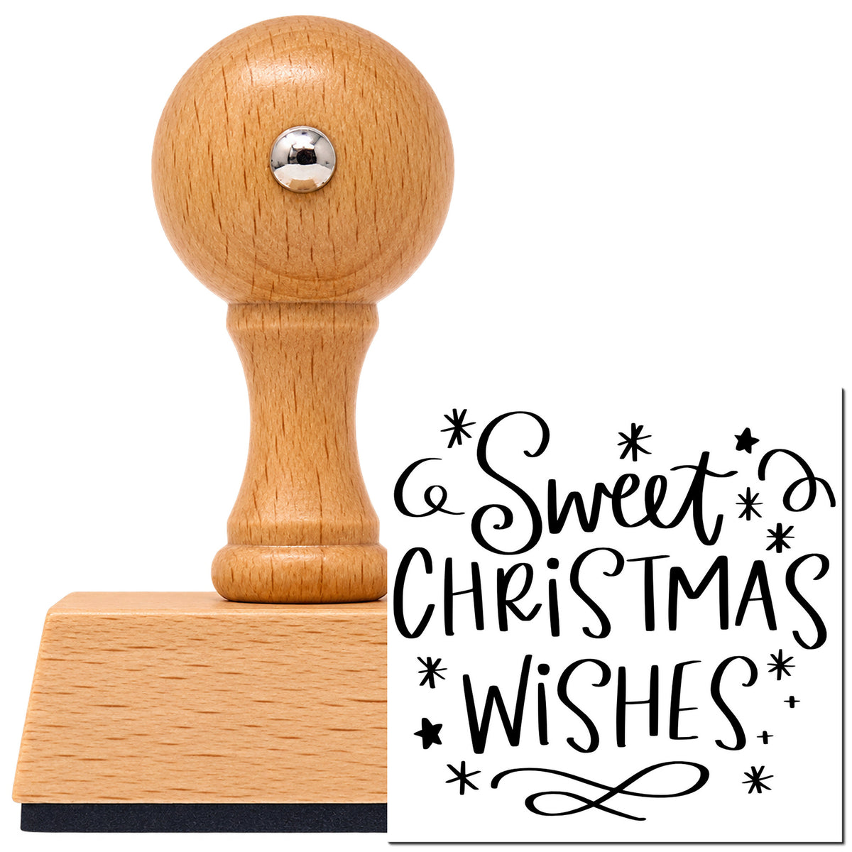 Vintage Pro beech wood stamp with a round knob handle, shown with its black Sweet Christmas Wishes Snowflakes imprint on white.
