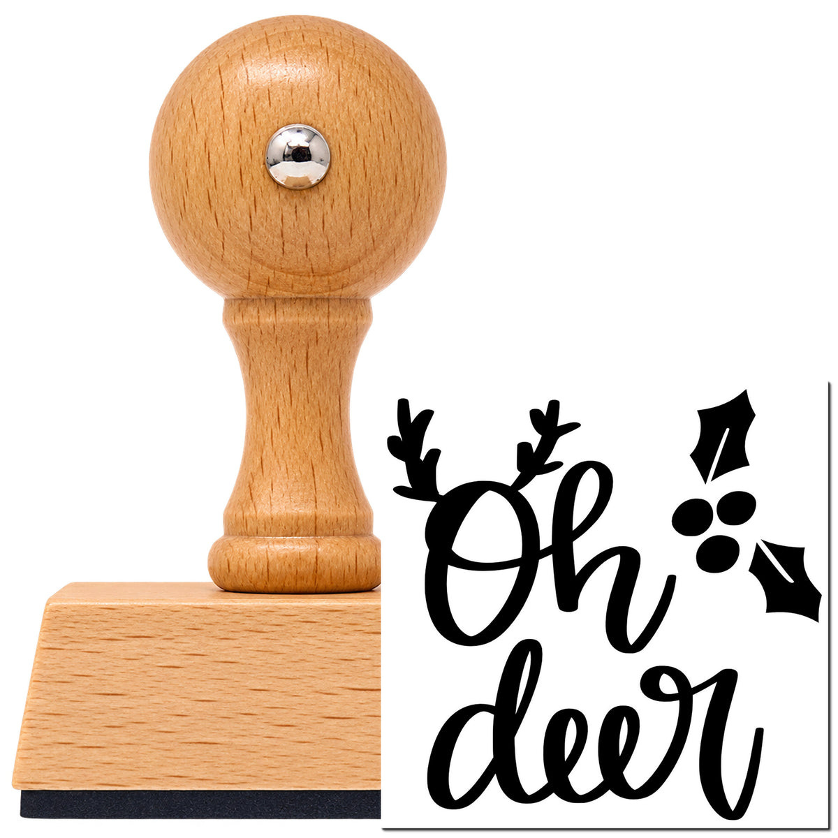 Vintage Pro beech wood stamp with a round knob handle, shown with its black Holly And Antlers Oh Deer imprint on white.