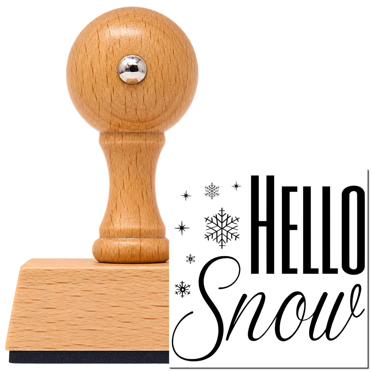 Vintage Pro beech wood stamp with a round knob handle, shown with its black Hello Snow Snowflakes Script Lettering imprint on white.