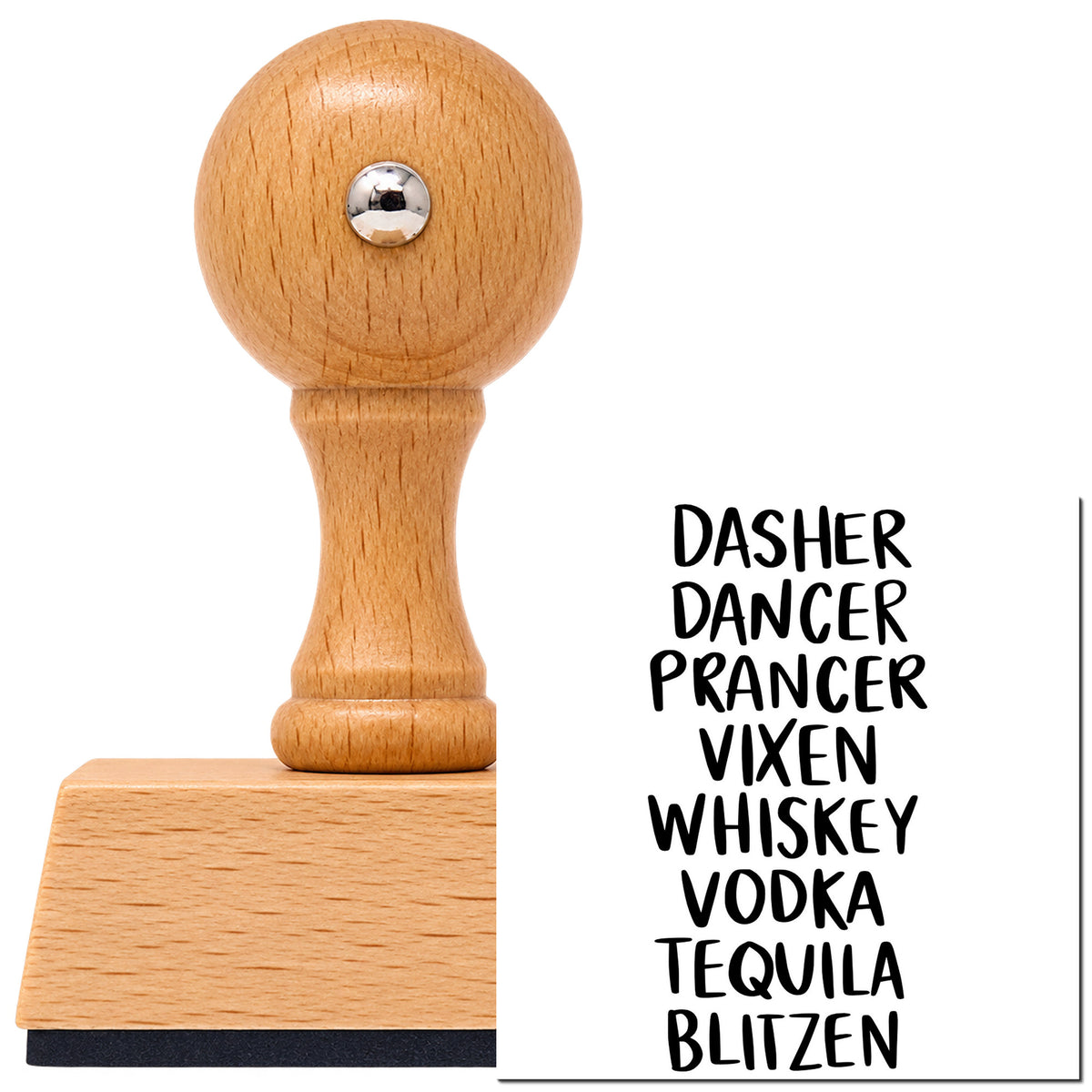 Vintage Pro beech wood stamp with a round knob handle, shown with its black Reindeer And Spirits List imprint on white.