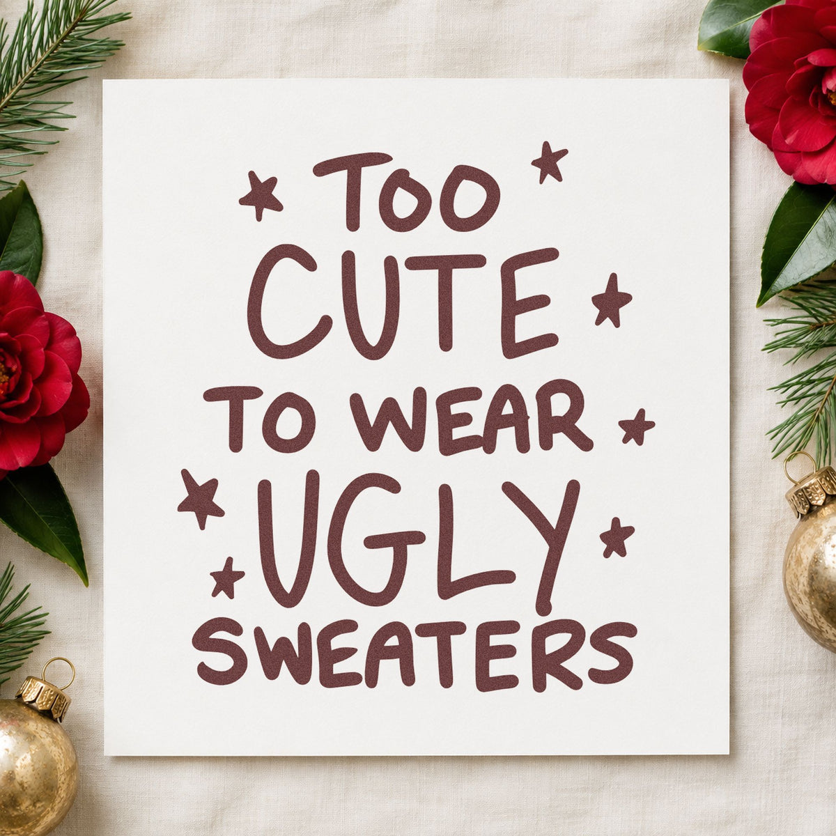 Too Cute Ugly Sweaters rubber stamp printed in brown ink, ready for wardrobe plan sheet and similar paper crafts.