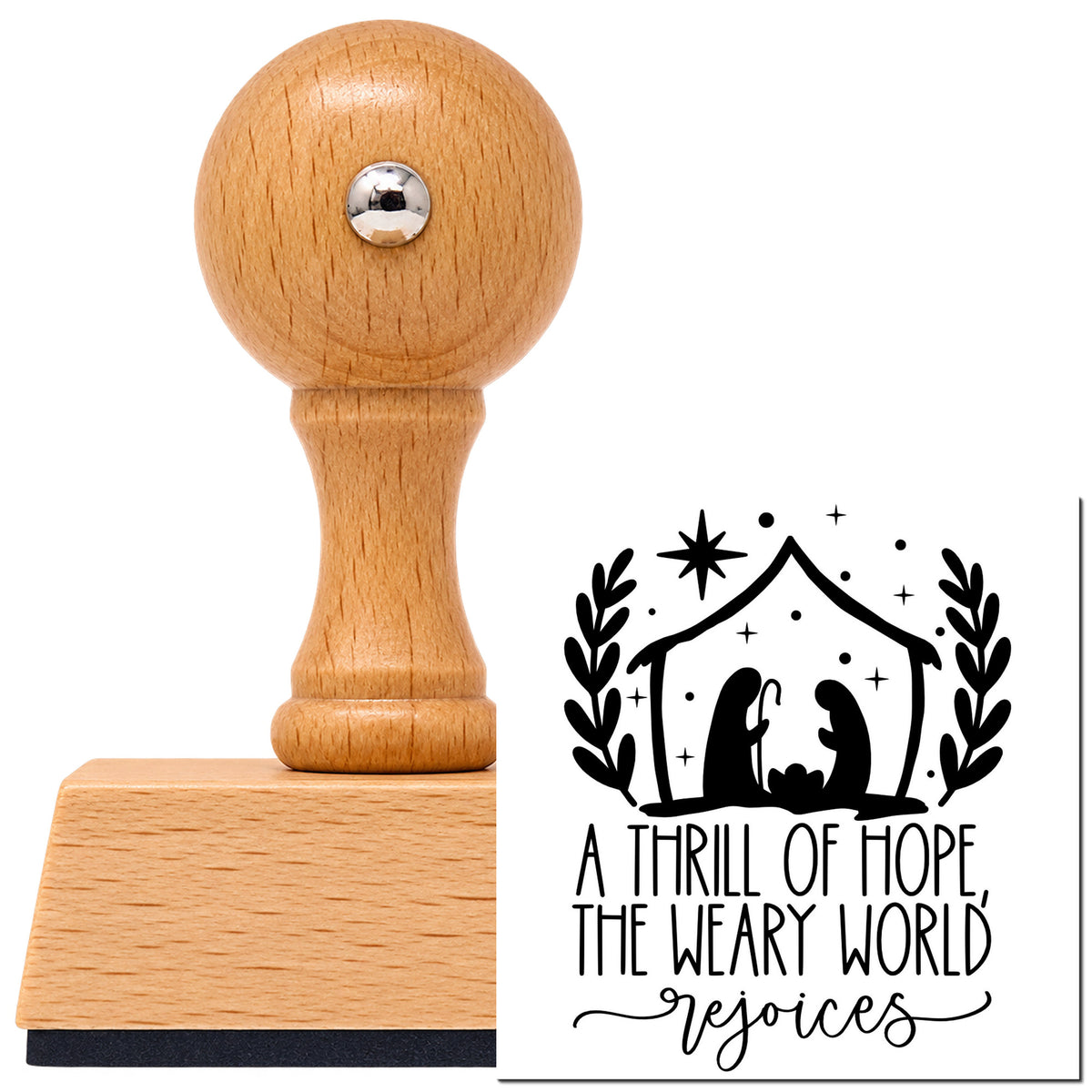 Vintage Pro beech wood stamp with a round knob handle, shown with its black Thrill Of Hope Nativity Leafy Branches imprint on white.