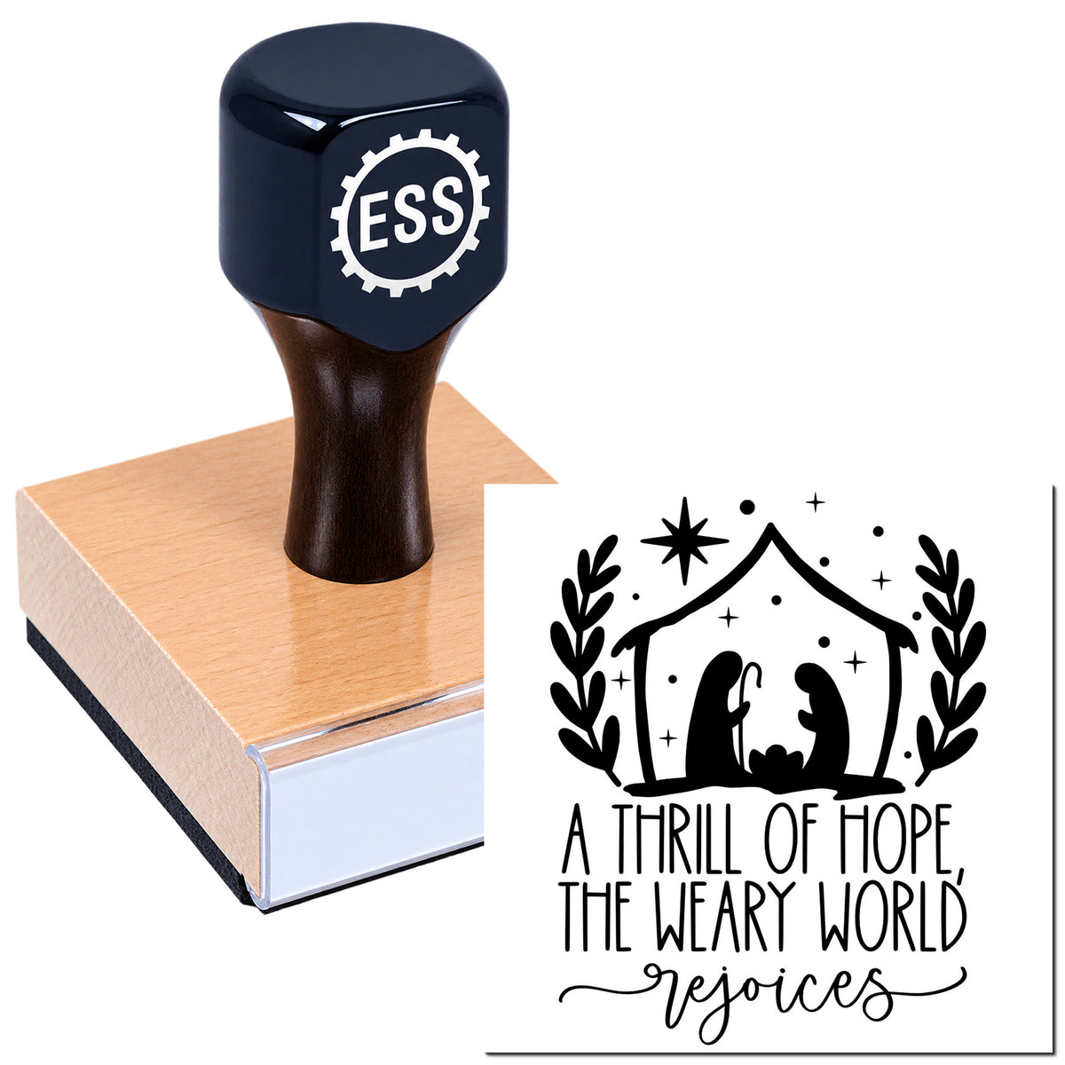 Dark blue rubber stamp and seal with ESS logo on a wooden block, beside black nativity design and "A Thrill of Hope" text.