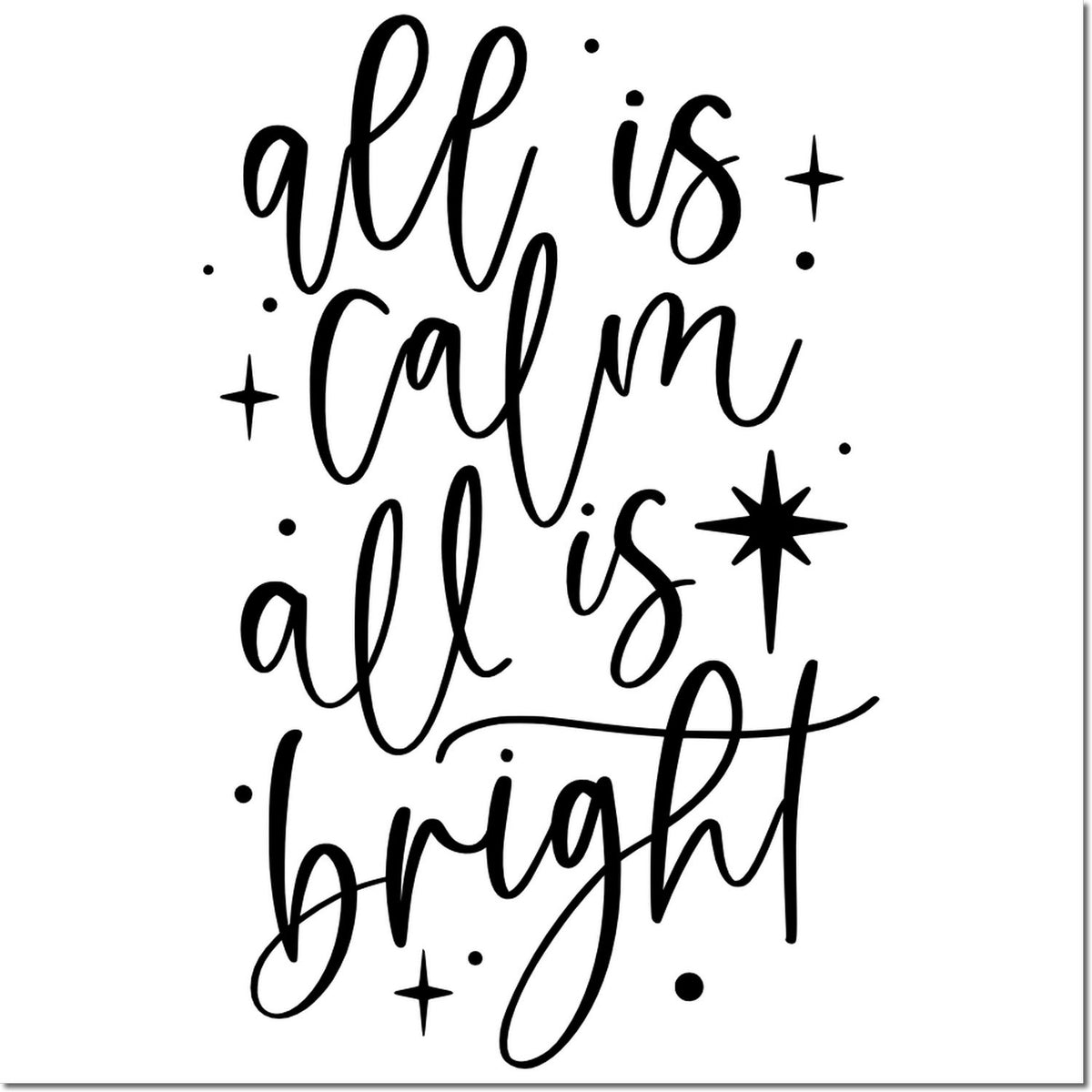 Black calligraphy stamp/seal reading all is calm, all is bright with stars and dots on a white background.
