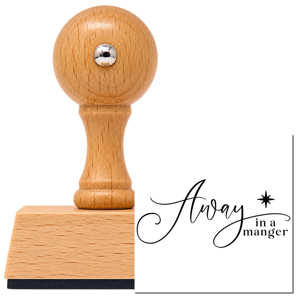 Vintage Pro beech wood stamp with a round knob handle, shown with its black Away In A Manger With Stars imprint on white.