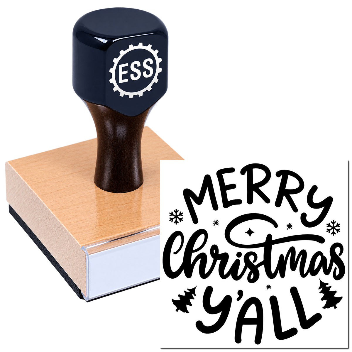 Dark navy custom rubber stamp on wooden seal block, with black "Merry Christmas Y'all" design