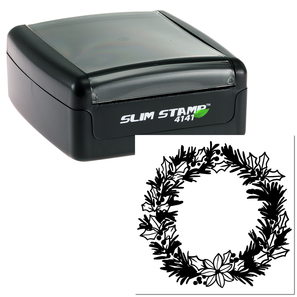 Black Slim Stamp 4141 self-inking stamp with clear lid, green logo, and festive holly wreath seal design