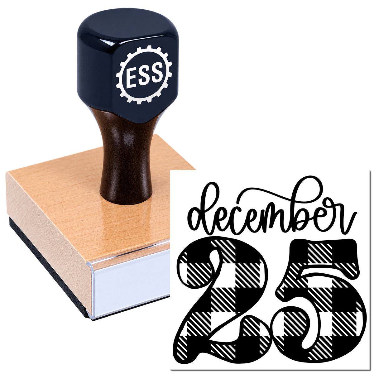 Black ESS stamp with copper base and white December 25 holiday seal in black script.