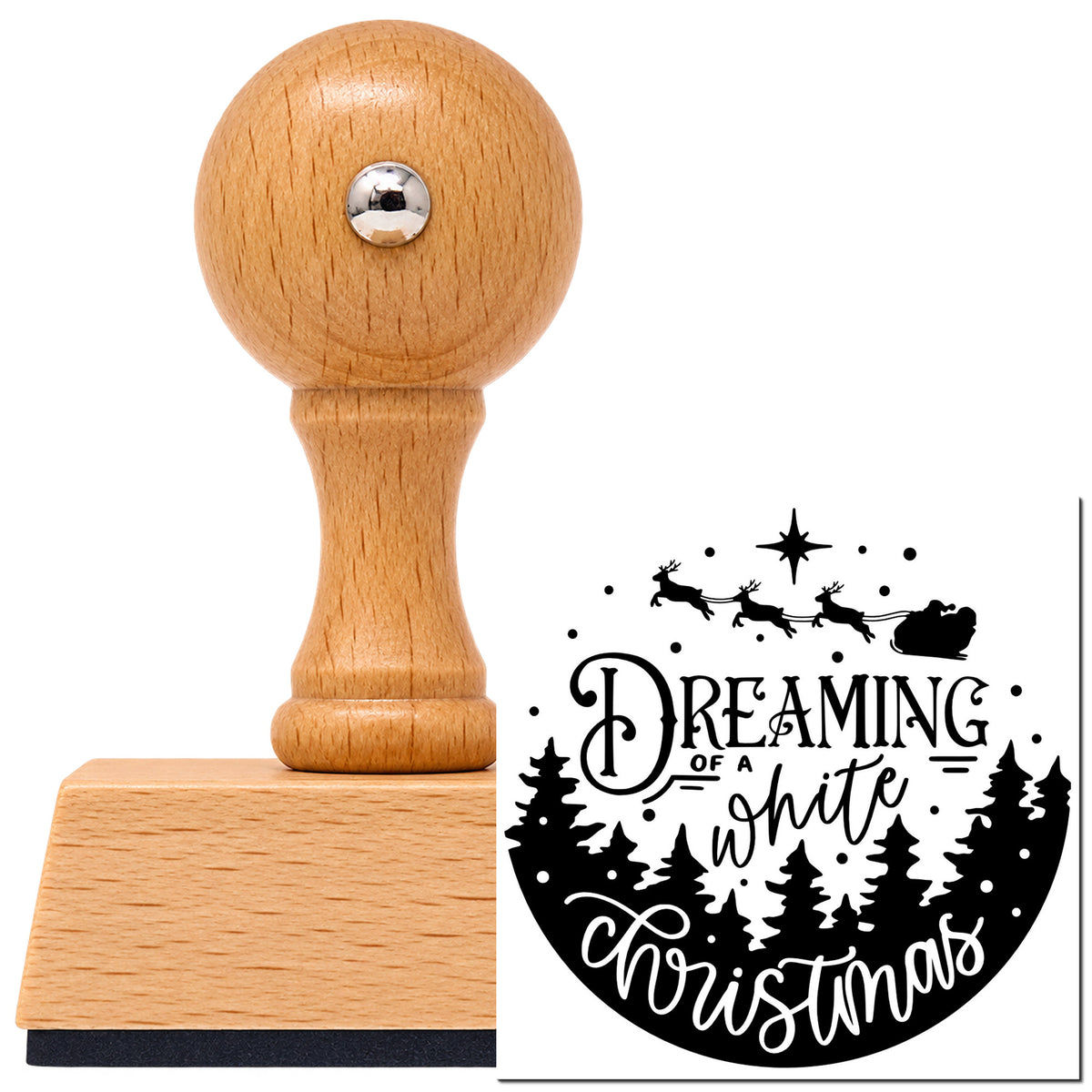 Vintage Pro beech wood stamp with a round knob handle, shown with its black Dreaming White Christmas Landscape imprint on white.