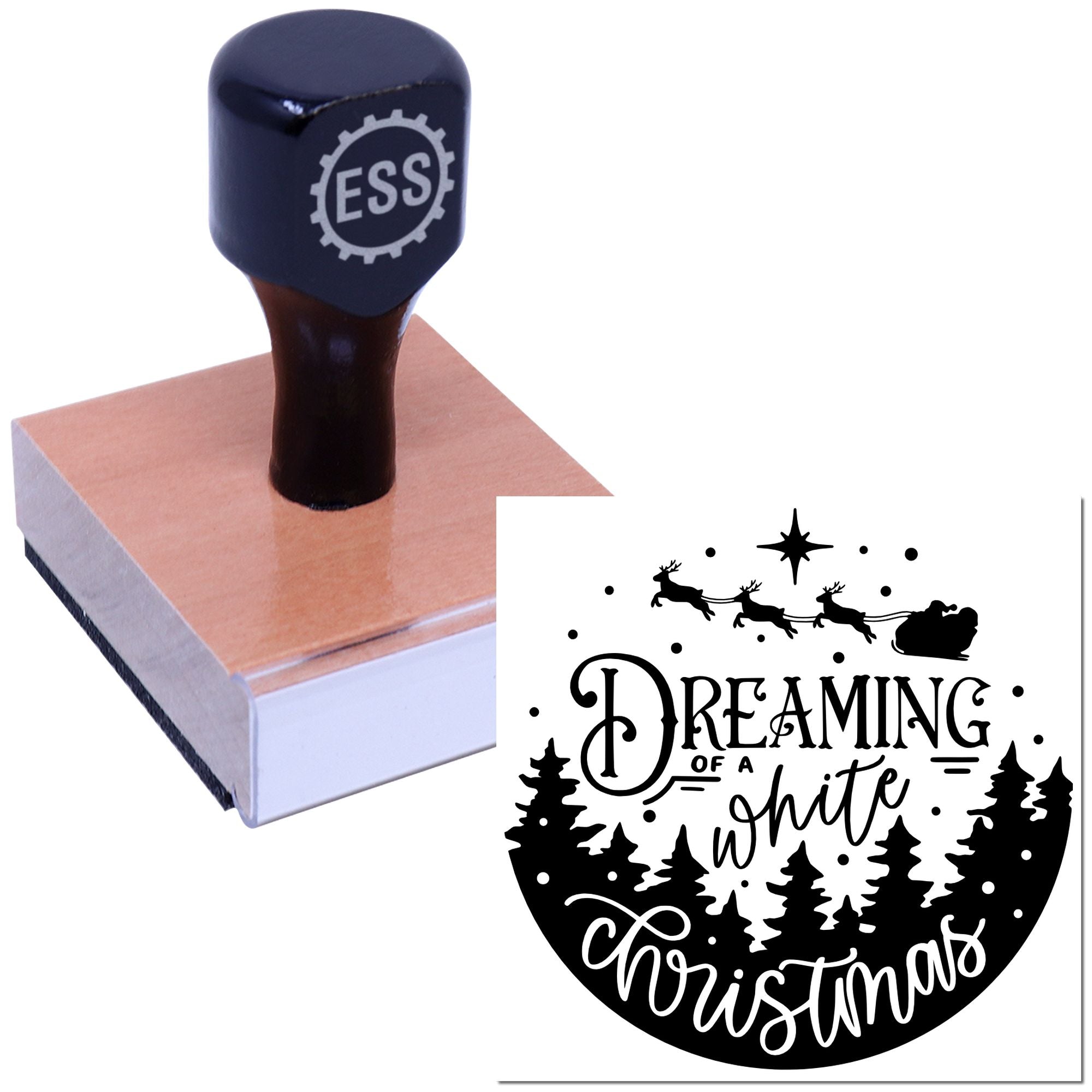 Dark blue ESS stamp on wooden block with black Christmas seal design featuring reindeer, trees and Dreaming of a white Christmas