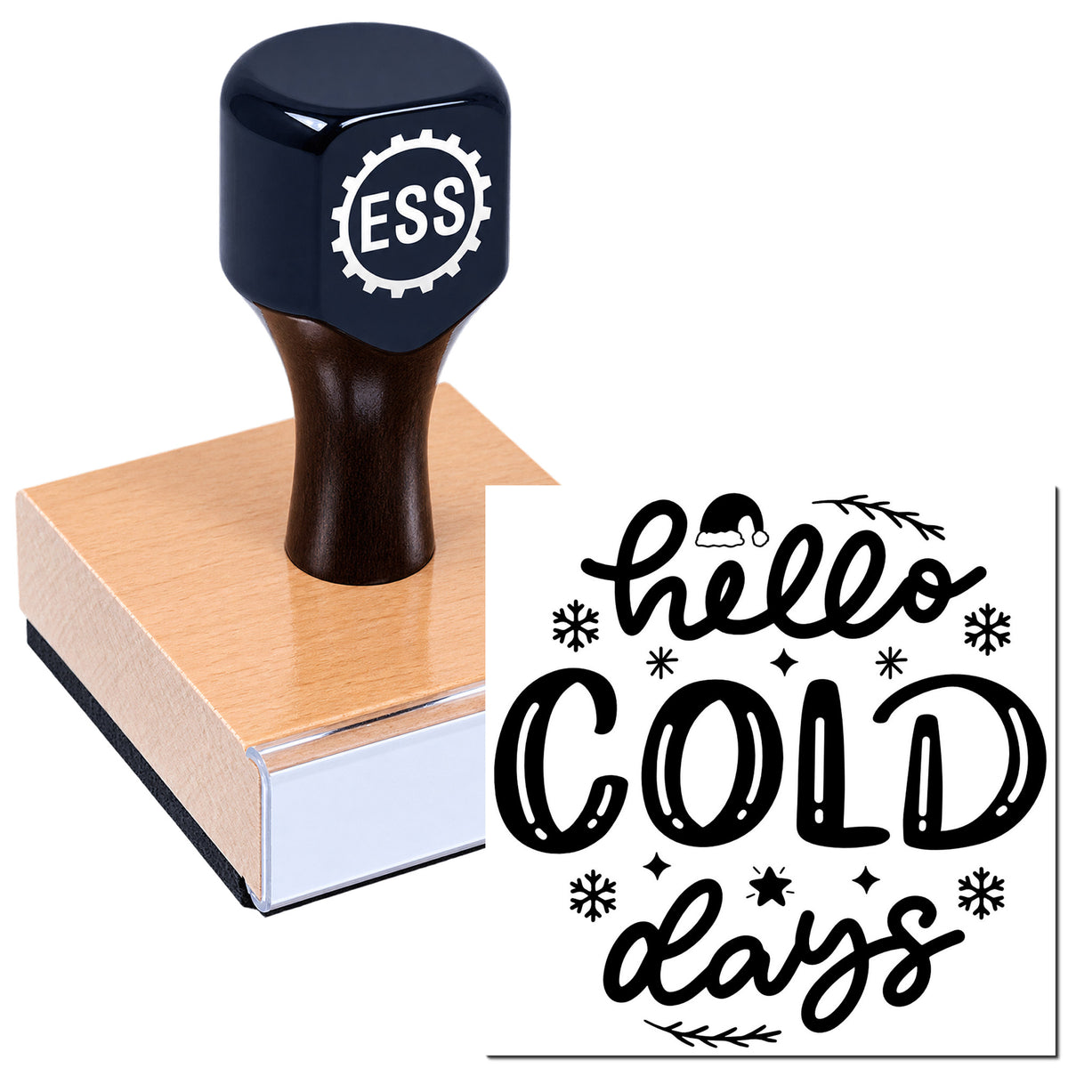 Dark blue ESS stamp and seal on pink block with black "hello COLD days" winter design.