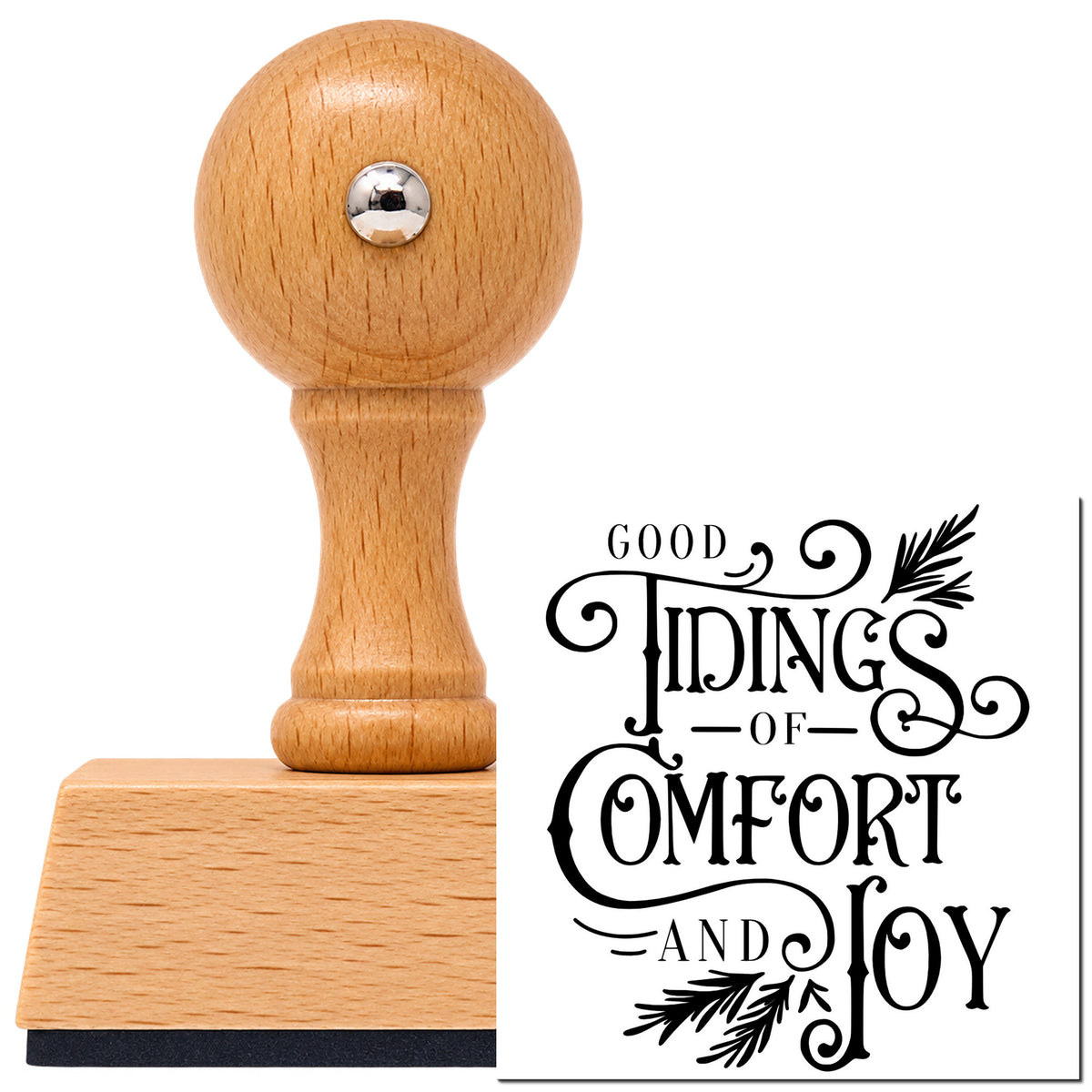 Vintage Pro beech wood stamp with a round knob handle, shown with its black Good Tidings Of Comfort And Joy imprint on white.