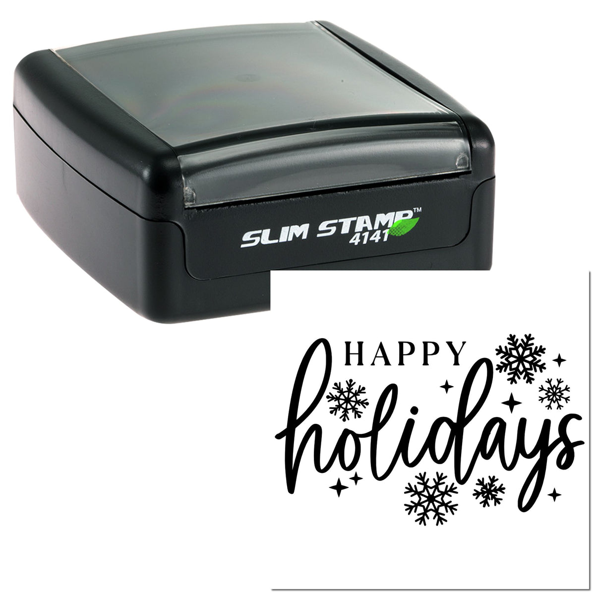 Black self-inking stamp and holiday seal with gray top; design says Happy holidays with snowflakes.