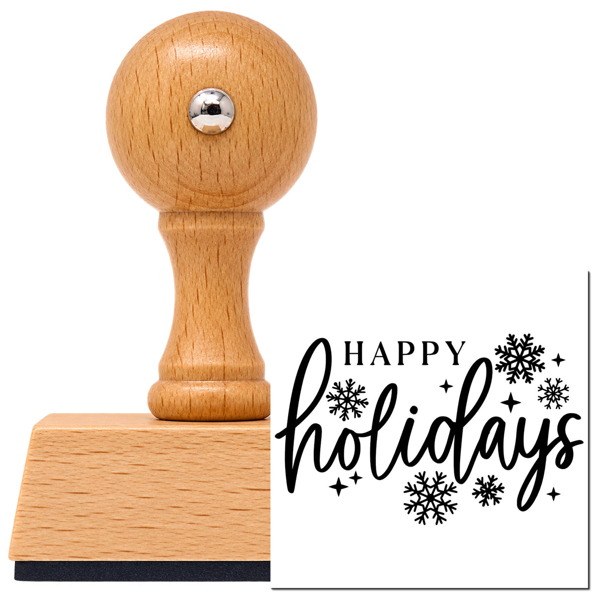 Vintage Pro beech wood stamp with a round knob handle, shown with its black Happy Holidays Snowflakes imprint on white.