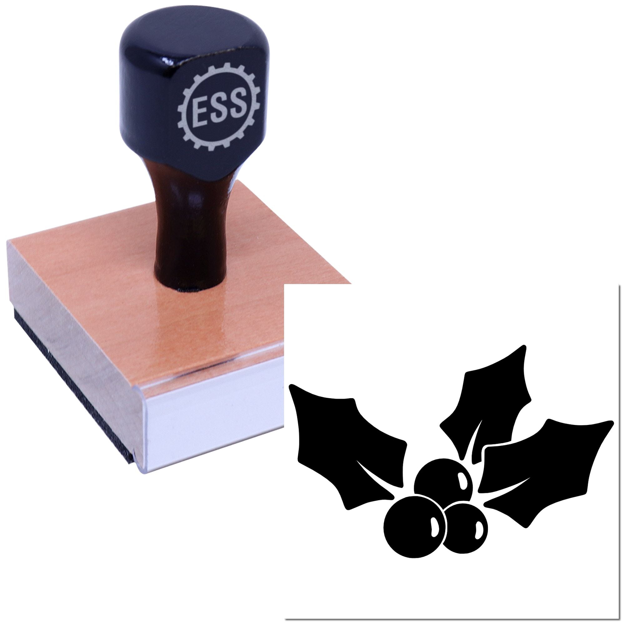 Dark blue ESS rubber stamp on wooden block with black holly berry seal design.