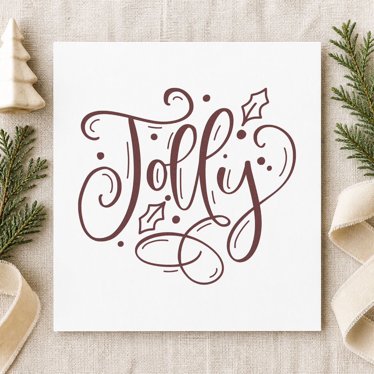 Jolly With Holly rubber stamp printed in brown ink, ready for word of year journal and similar paper crafts.