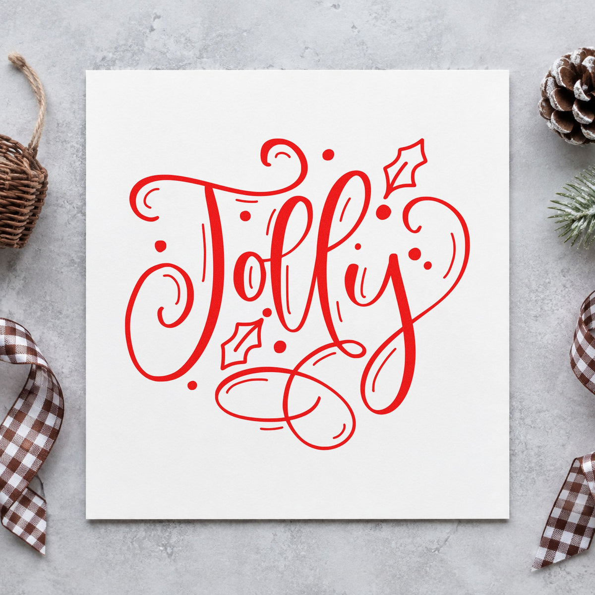 Jolly With Holly craft stamp in red ink on cardstock, an easy option for throw corner printing.