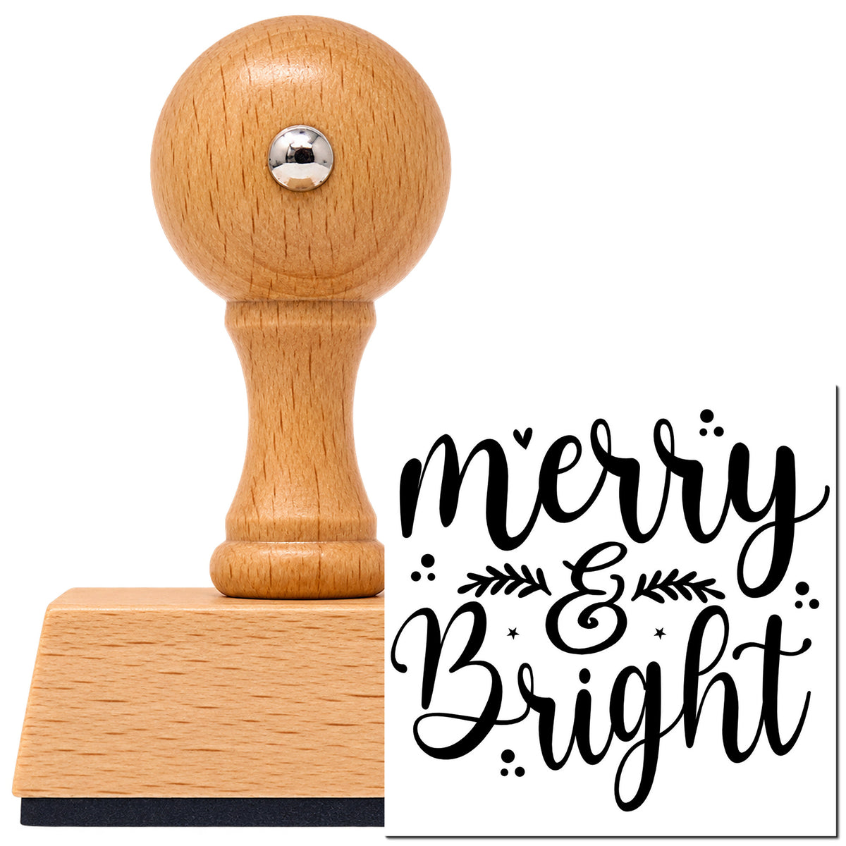Vintage Pro beech wood stamp with a round knob handle, shown with its black Merry And Bright Leaves imprint on white.