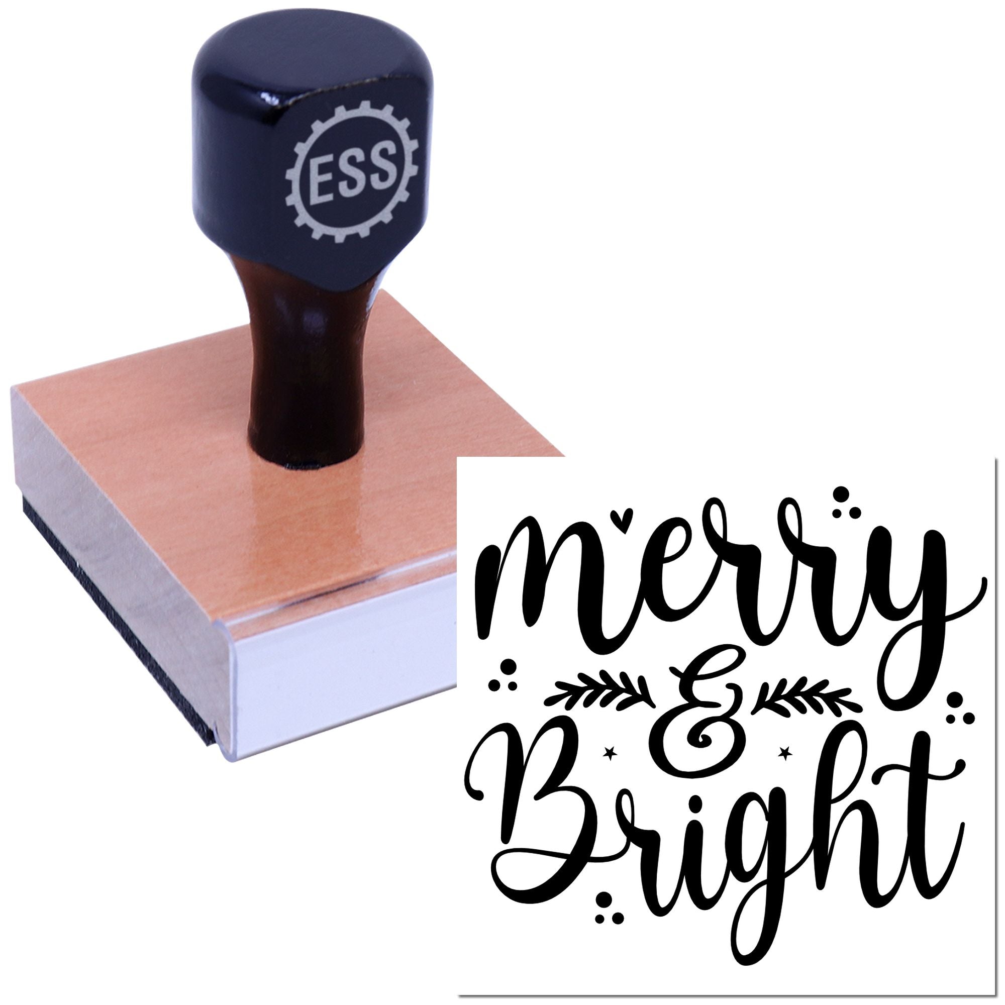 Navy ESS rubber stamp on tan block, with black Merry & Bright holiday seal design.