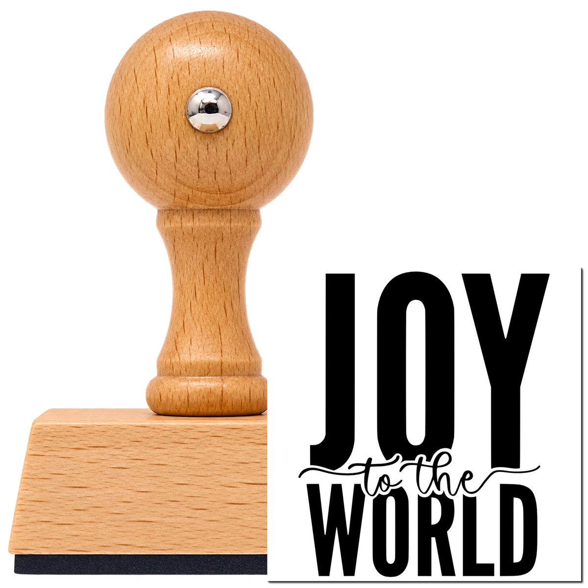 Vintage Pro beech wood stamp with a round knob handle, shown with its black Joy To The World Bold Script Lettering imprint on white.