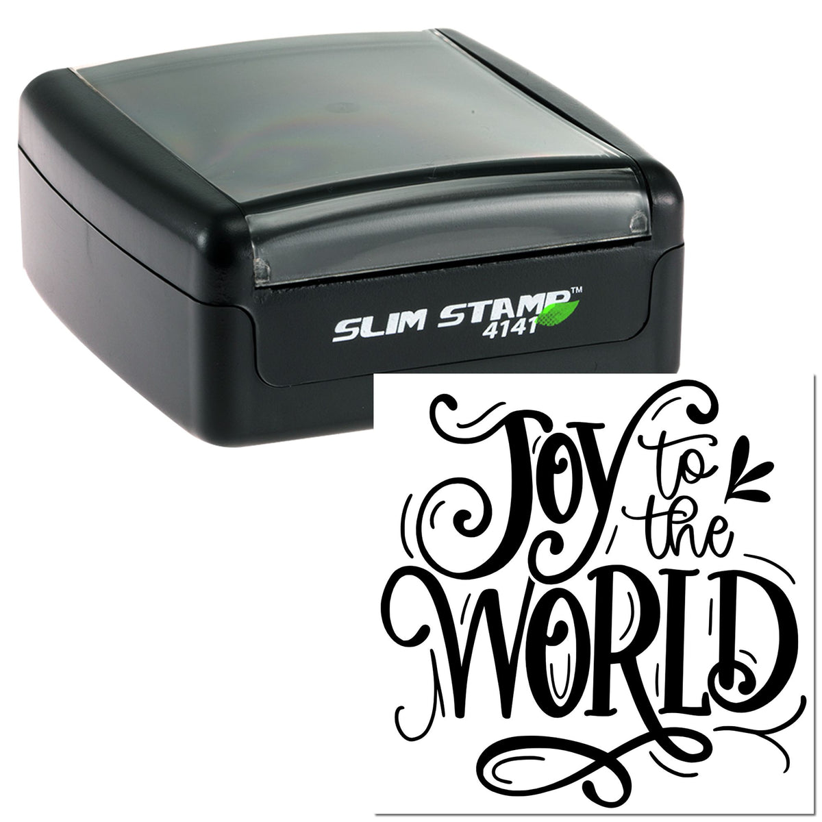 Black Slim Stamp 4141 self-inking stamp with decorative Joy to the World seal design on white background