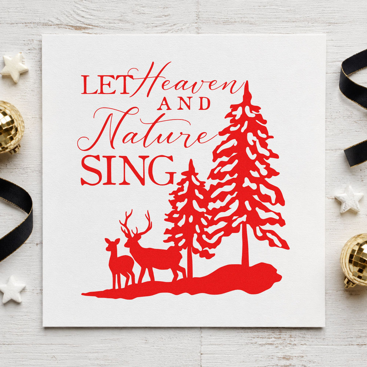 Heaven Nature Sing Deer craft stamp in red ink on cardstock, an easy option for wool blanket printing.