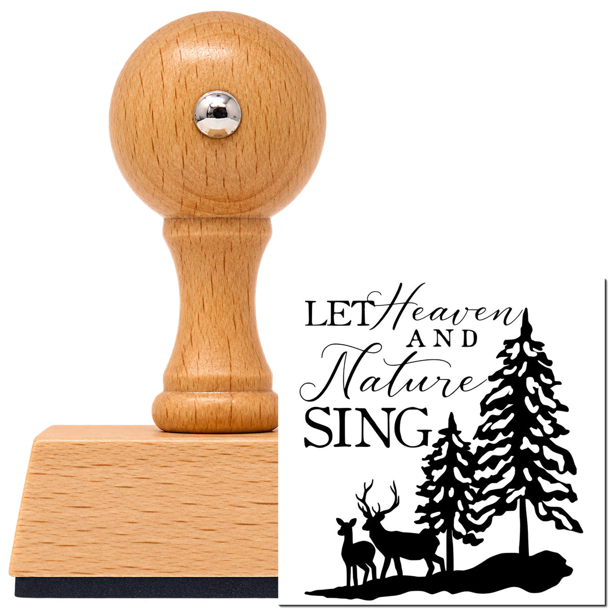 Vintage Pro beech wood stamp with a round knob handle, shown with its black Heaven Nature Sing Deer Pine Motif imprint on white.