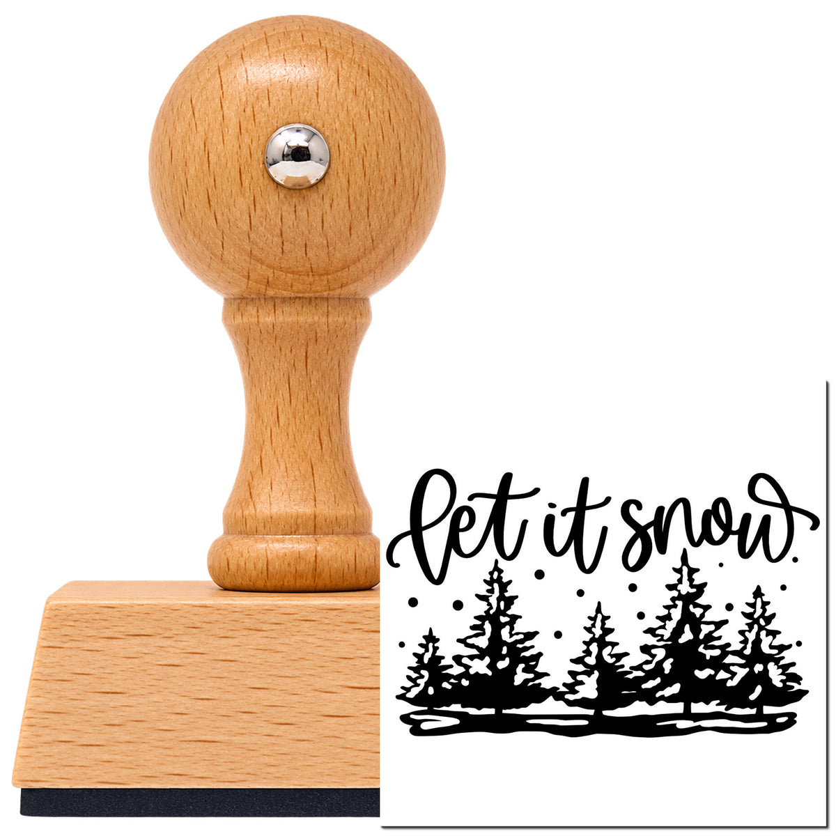 Vintage Pro beech wood stamp with a round knob handle, shown with its black Let It Snow Pine Forest imprint on white.